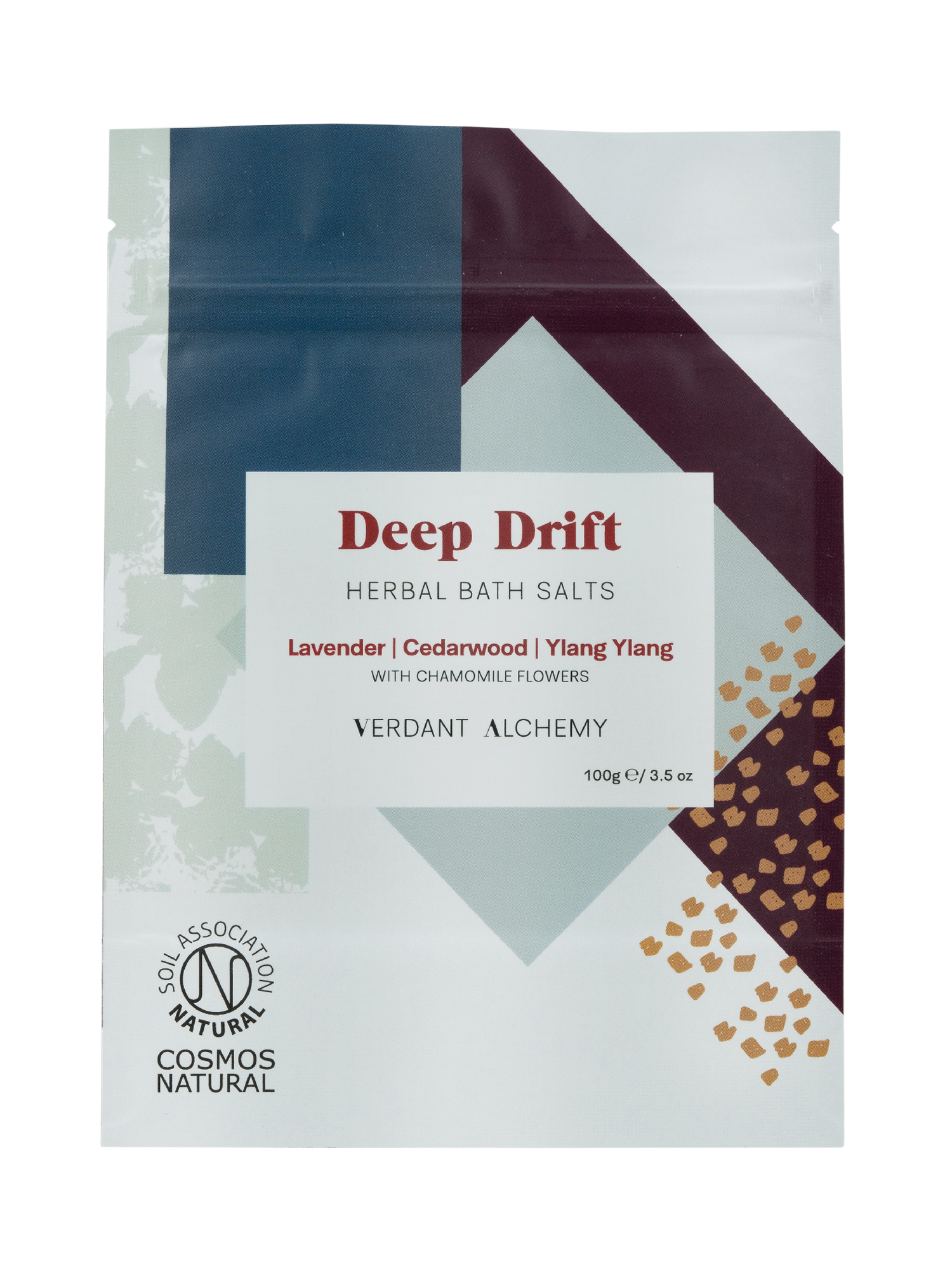 Verdant Alchemy Deep Drift herbal bath salts made with lavender, ylang ylang and dried chamomile flowers