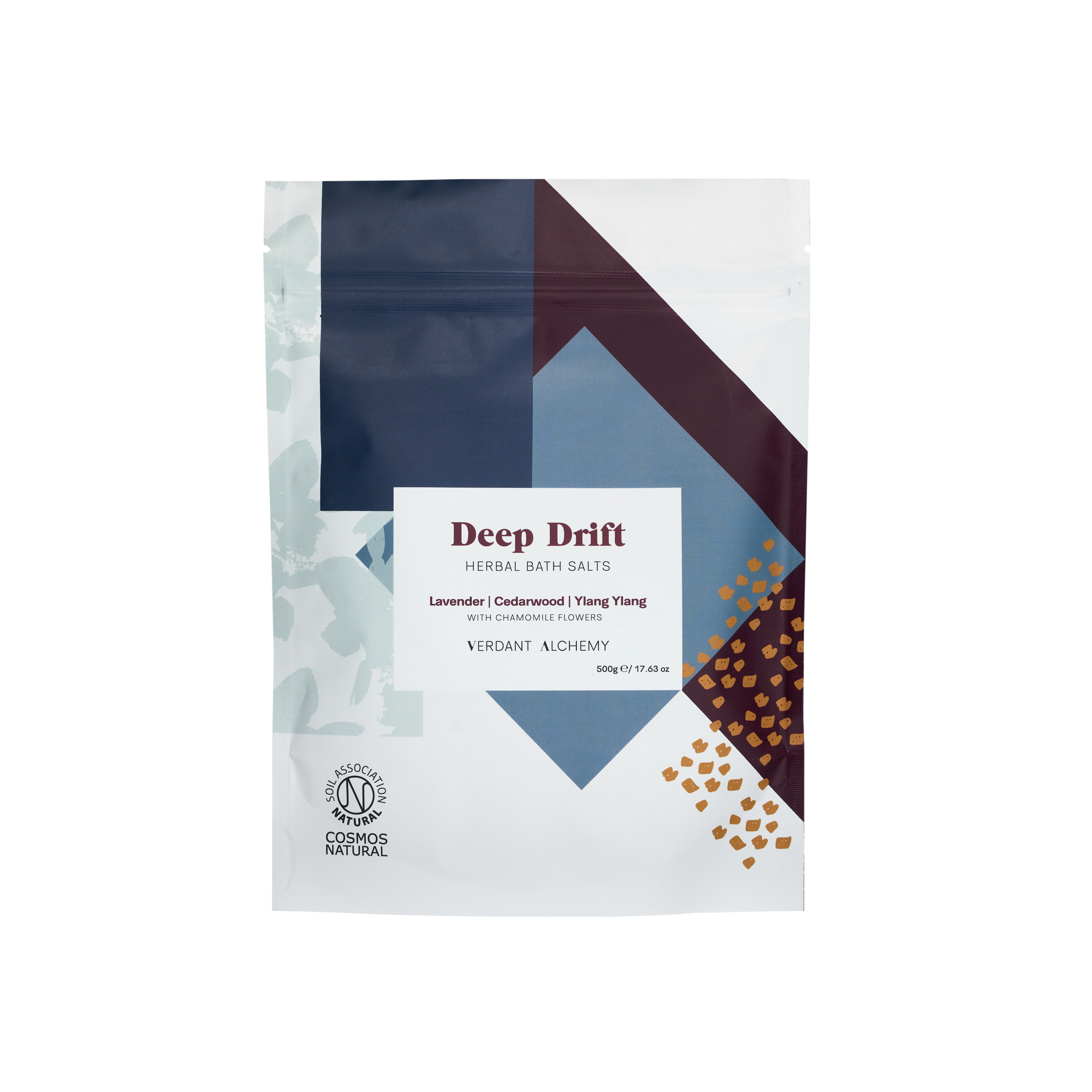 Verdant Alchemy Deep Drift herbal bath salts made with lavender, ylang ylang and dried chamomile flowers