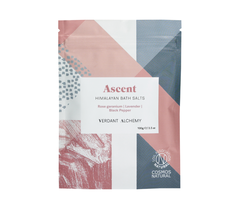 Verdant Alchemy Ascent Pink Himalayan bath salts made with geranium rose and lavender to help life mood and spirit