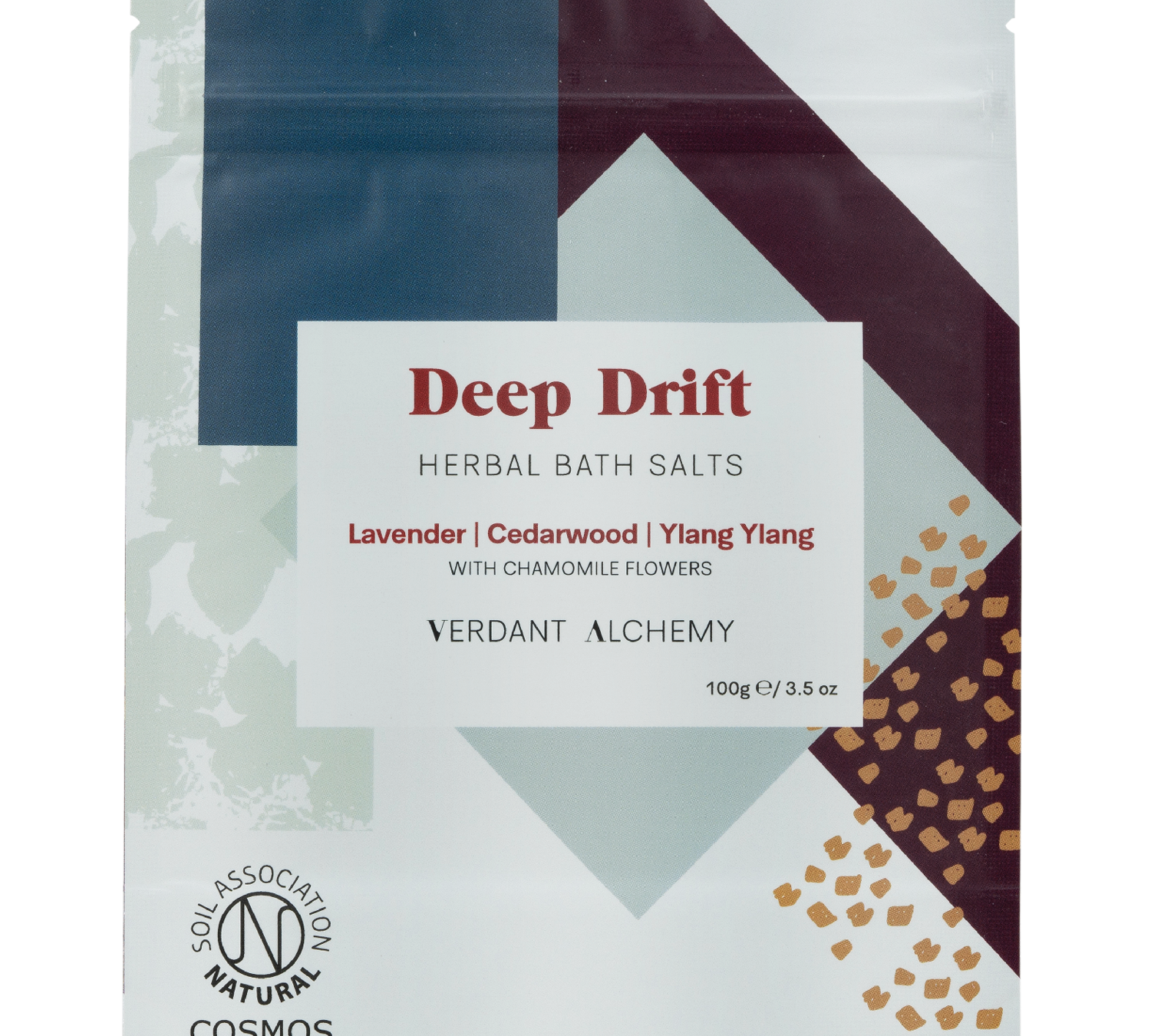 Verdant Alchemy Deep Drift herbal bath salts made with lavender, ylang ylang and dried chamomile flowers