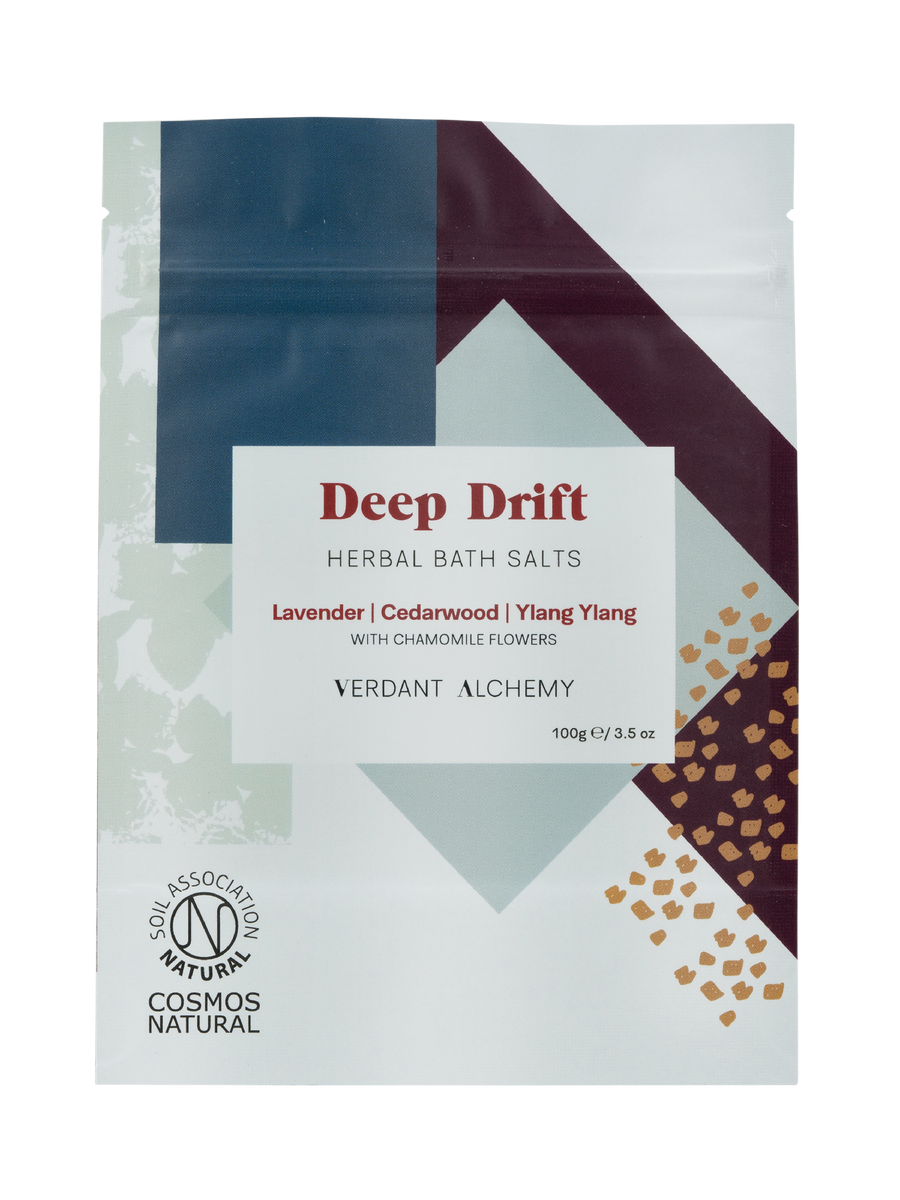 Verdant Alchemy Deep Drift herbal bath salts made with lavender, ylang ylang and dried chamomile flowers