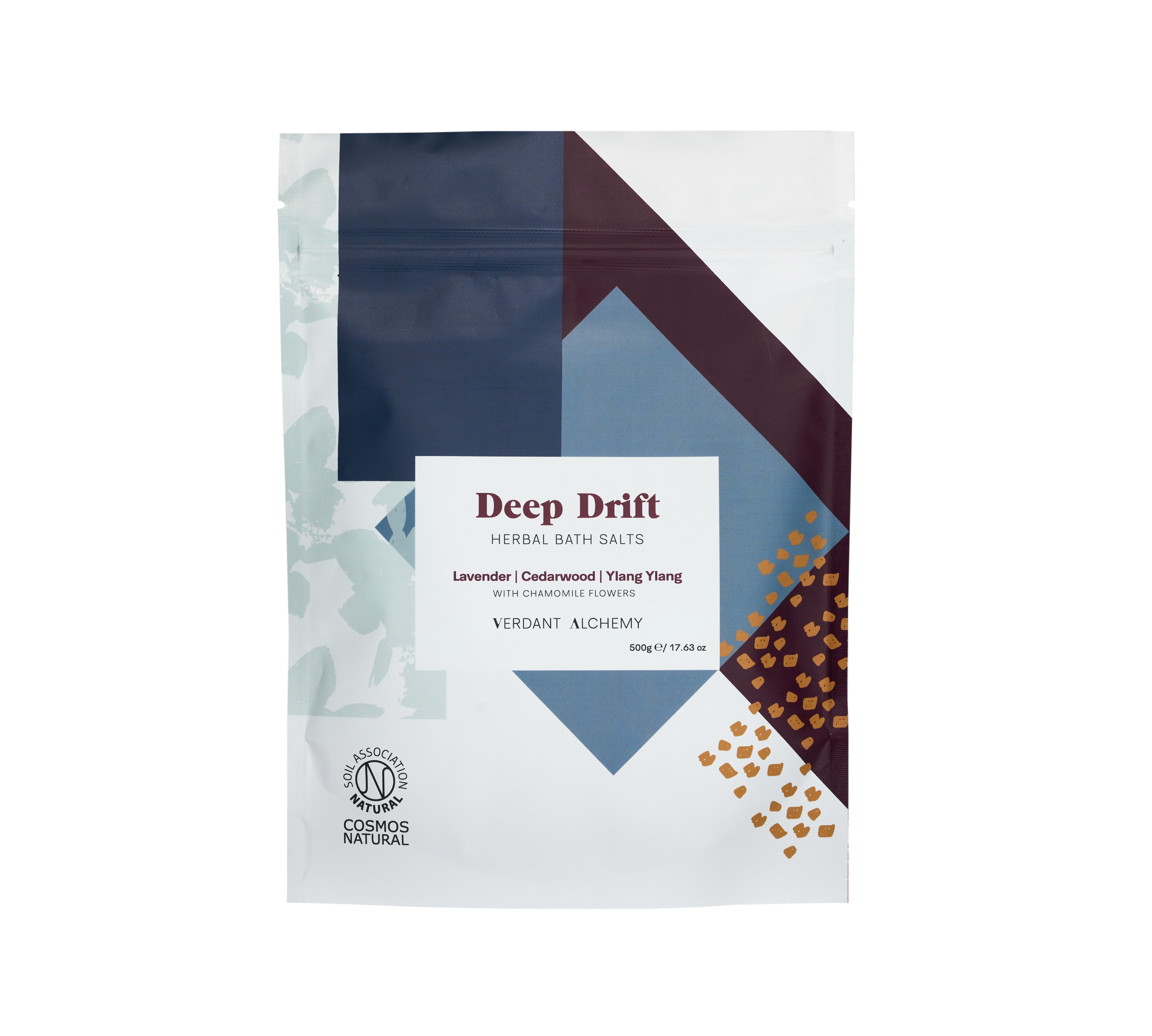 Verdant Alchemy Deep Drift herbal bath salts made with lavender, ylang ylang and dried chamomile flowers