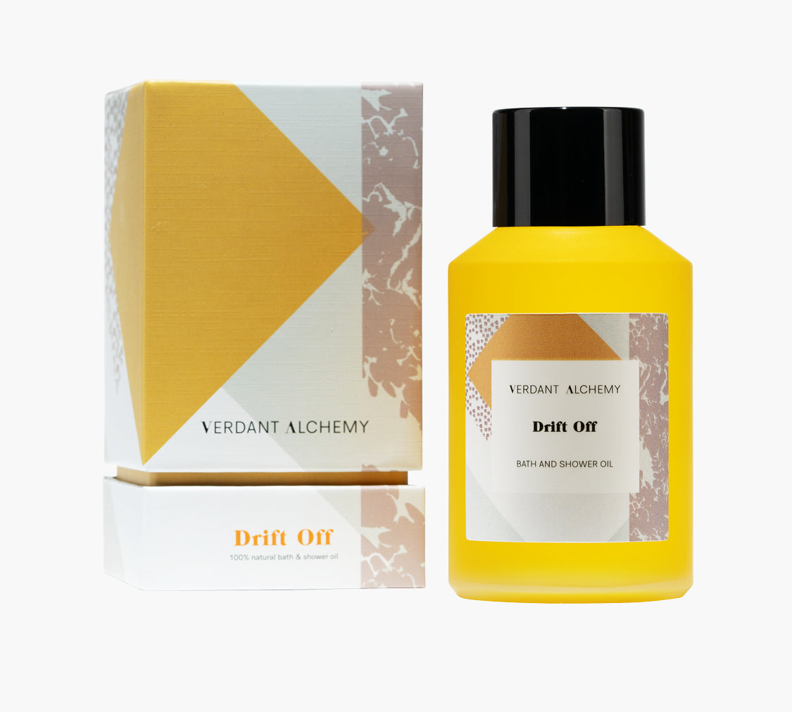 Verdant Alchemy Drift Off luxury natural bath oil made with lavender and vetiver oils to help you sleep 