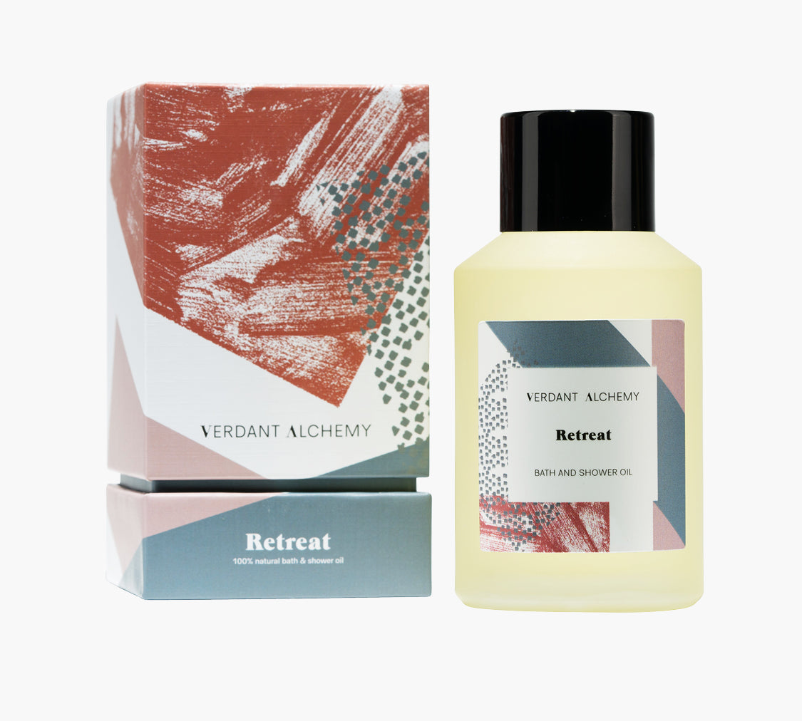 Verdant Alchemy Retreat luxury natural bath oil made with lavender and ylang ylang to help calm nerves and relax mind body and soul