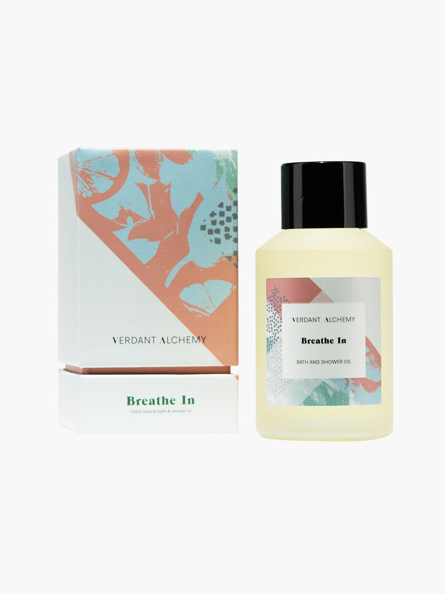 Verdant Alchemy Breathe In luxury natural bath oil made with eucalyptus and lemon essential oils to help relax mind and body and clear airways.