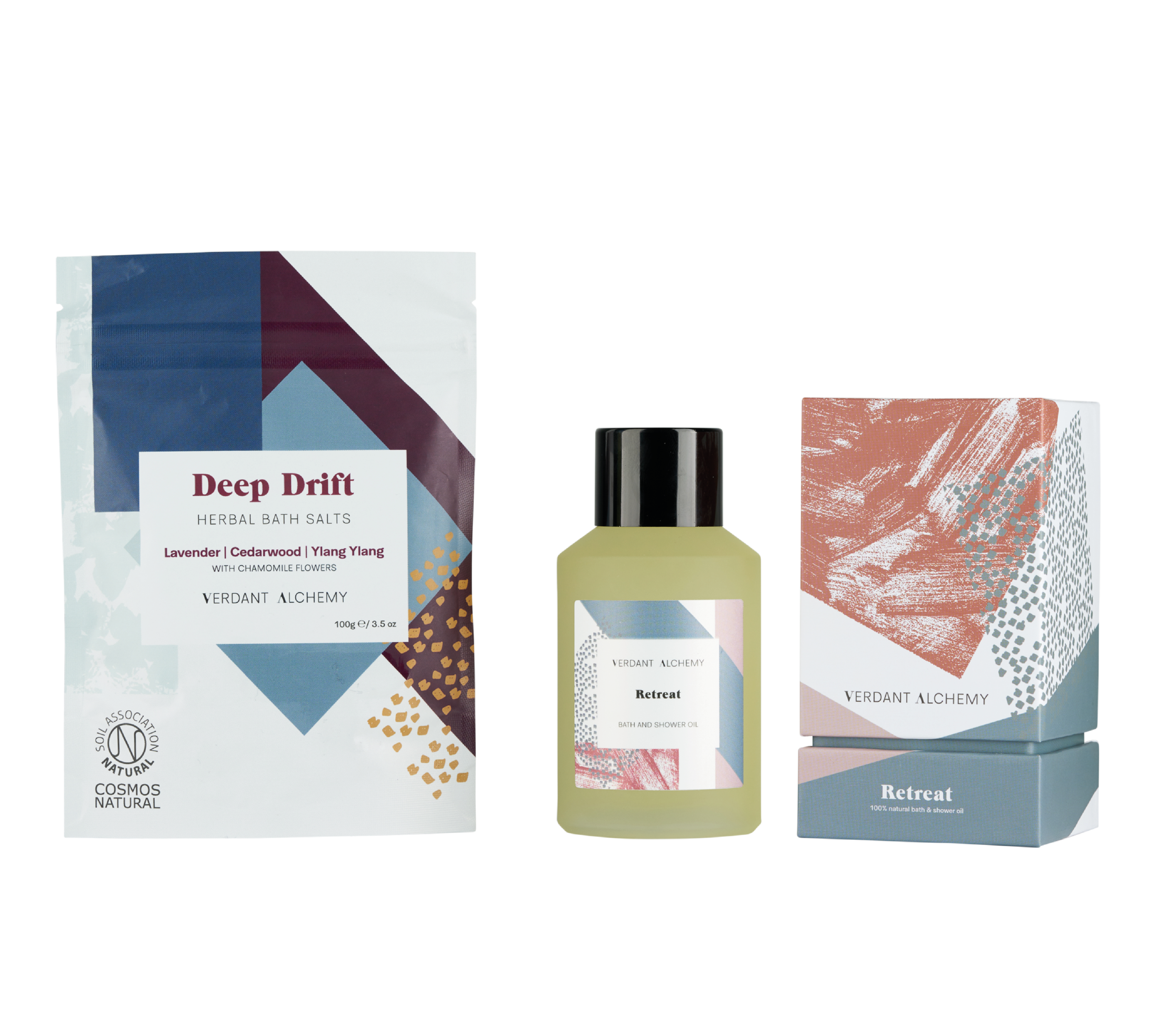 Verdant Alchemy Relax and Restore gift set with full size Retreat luxury bath oil and Deep Drift mineral bath salts made with lavender and ylang ylang oil.