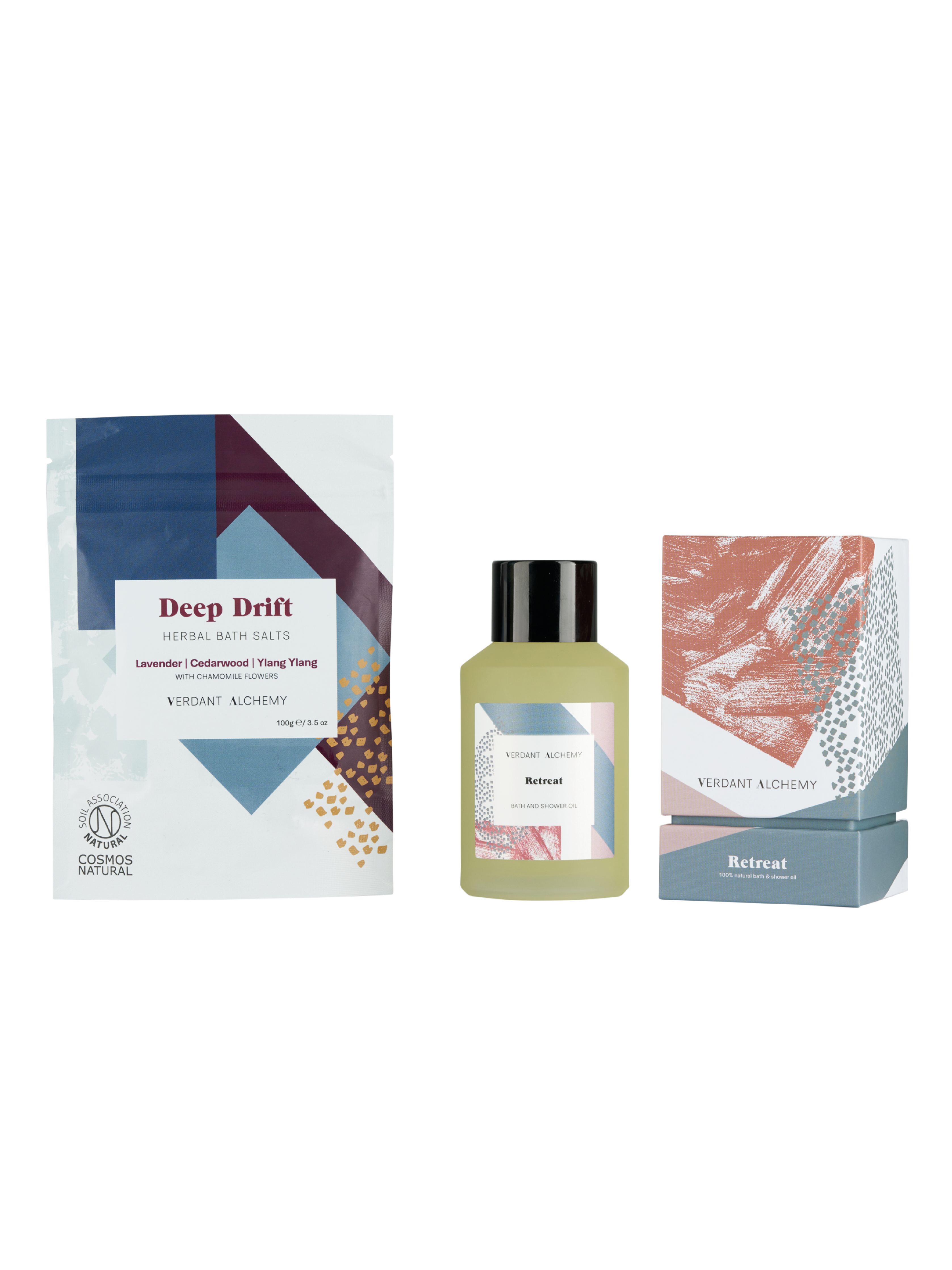 Verdant Alchemy Relax and Restore gift set with full size Retreat luxury bath oil and Deep Drift mineral bath salts made with lavender and ylang ylang oil.