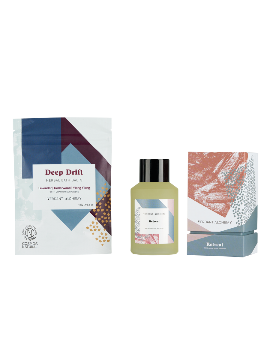 Verdant Alchemy Relax and Restore gift set with full size Retreat luxury bath oil and Deep Drift mineral bath salts made with lavender and ylang ylang oil.