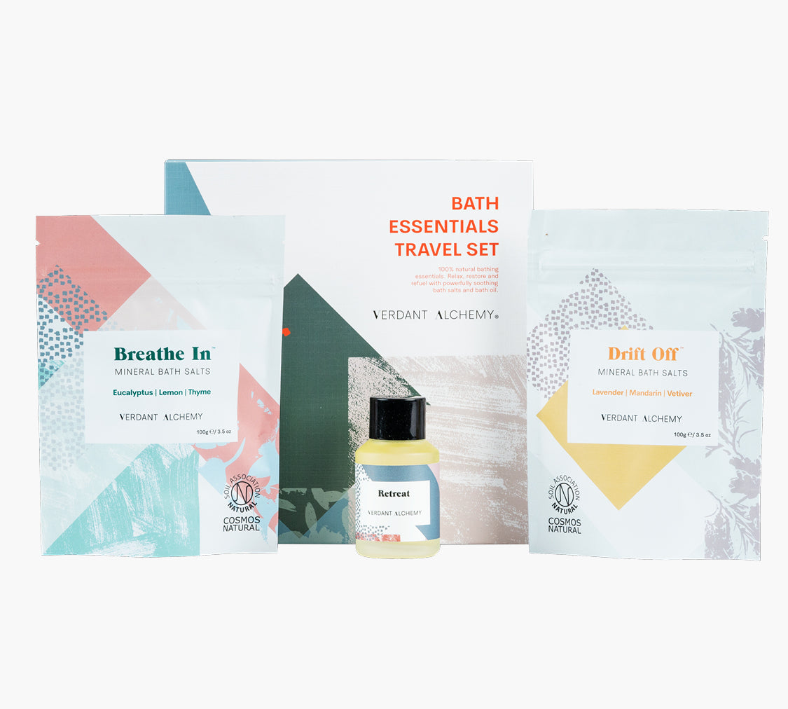 Verdant Alchemy travel kit with Drift Off mineral bath salts, Breathe In mineral bath salts and Retreat bath oil.