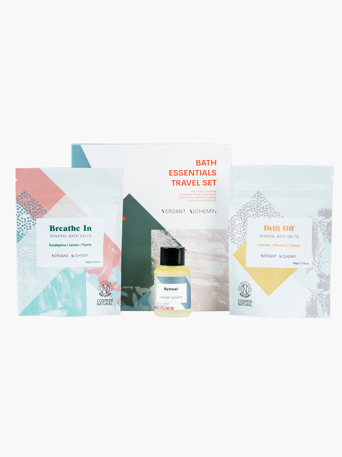Verdant Alchemy travel kit with Drift Off mineral bath salts, Breathe In mineral bath salts and Retreat bath oil.